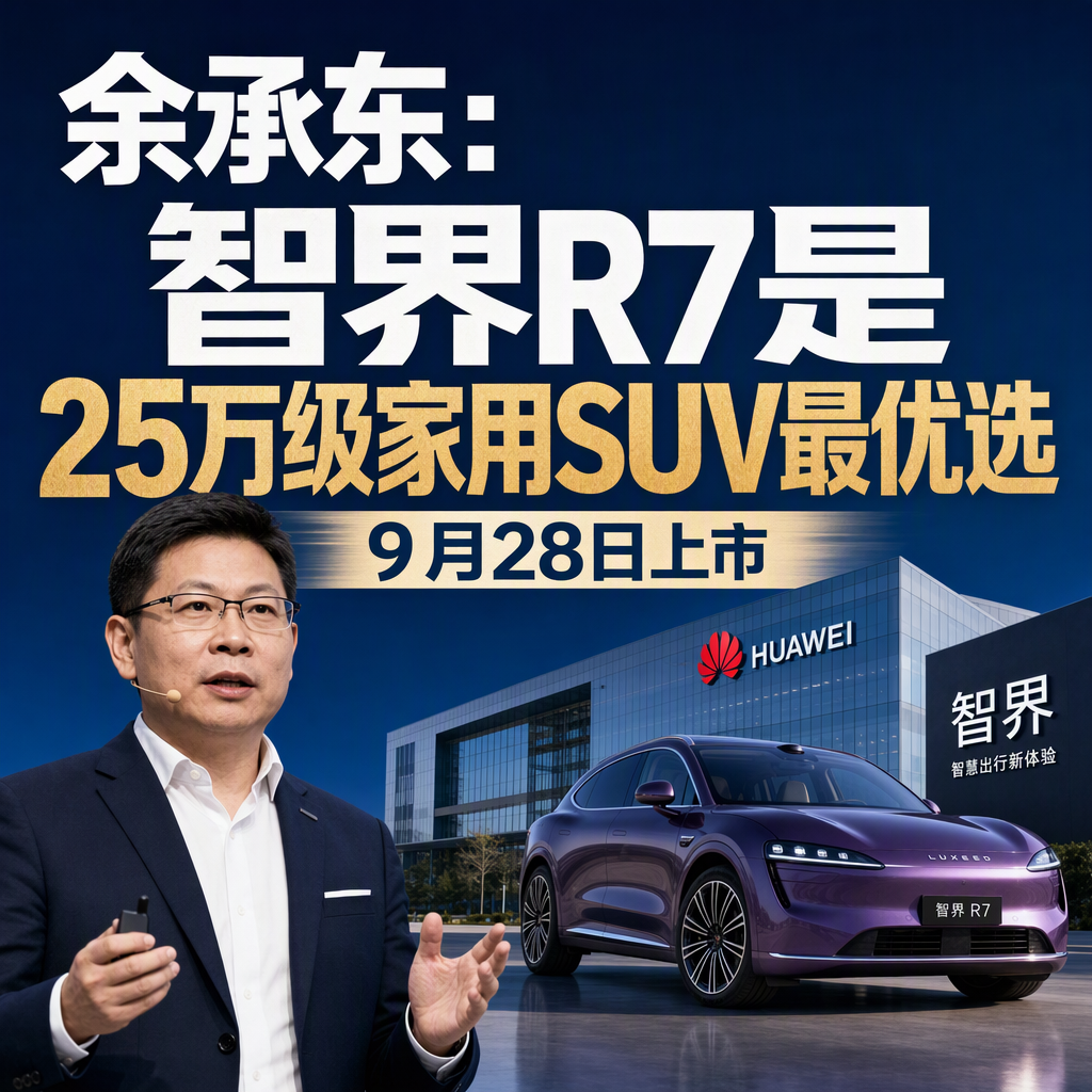 9月22日，余承东官宣智界R7焕新款定档9月28日14:30，并放话它会成为25万级家用SUV的最优选。
这句话不是随口一说，背后有三个信号值得拆开看。
第一个信号，是钱花在了刀刃上。
焕新款一次性投入5亿元，围绕家庭高频出行做了八大系统级升级。
要知道现款智界R7上市两年，累计车主已超12万，其中