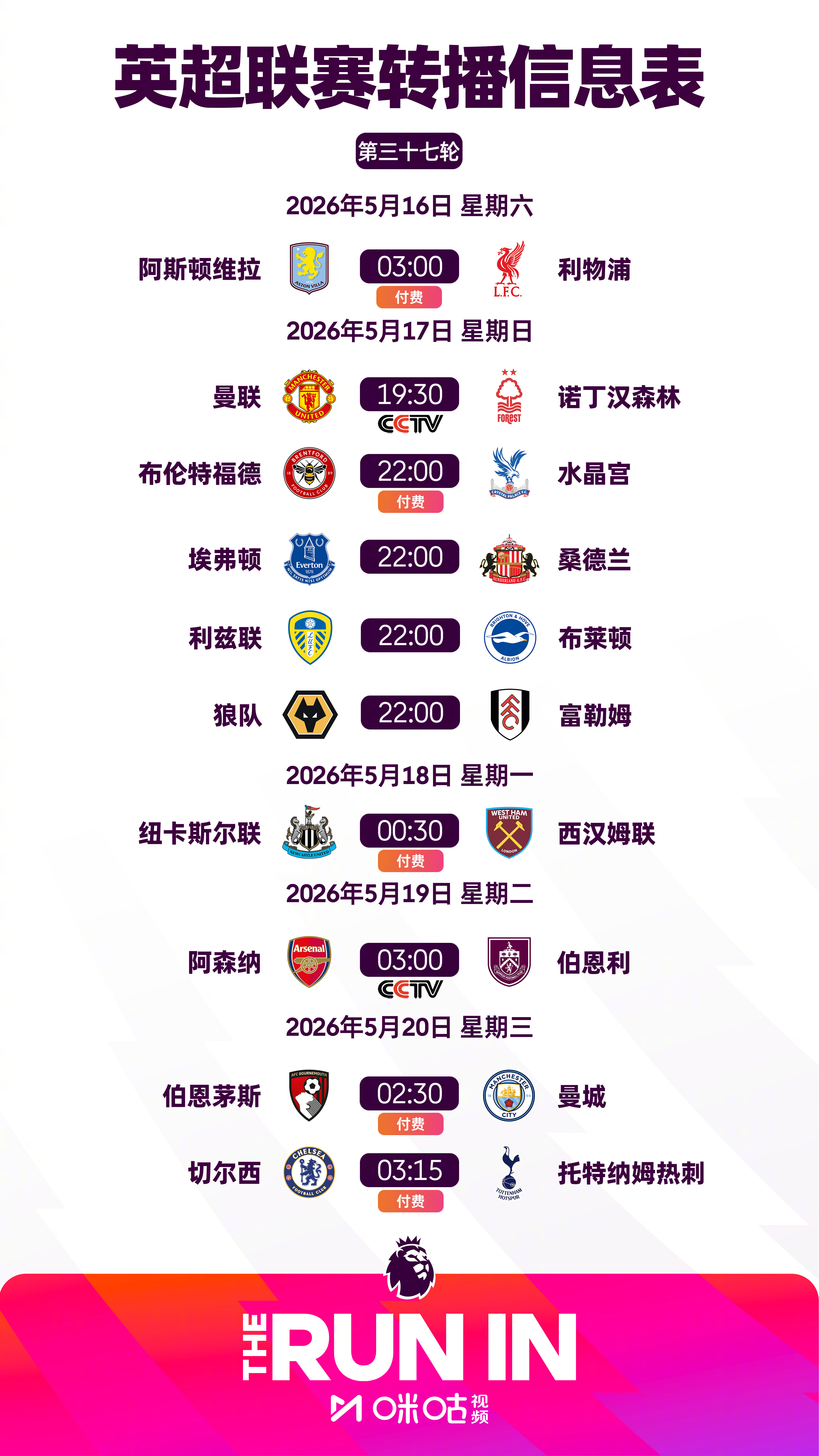 2025/26赛季英超第37轮转播信息  焦点战：v  v   上咪咕...