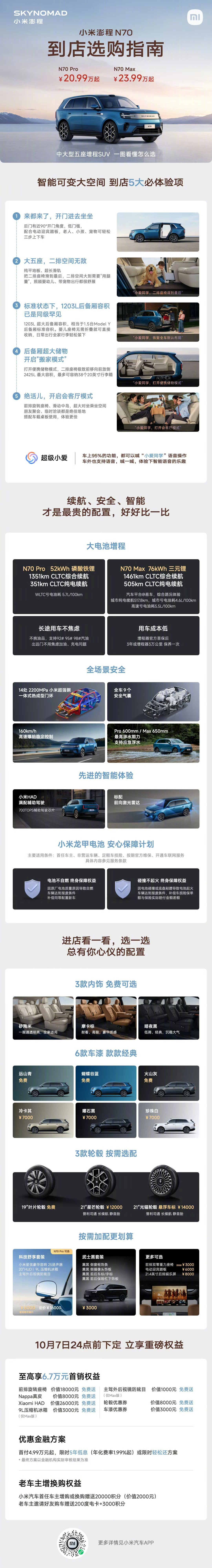 如何选购#小米澎程# ？

如果是自己开，或者小家庭使用，N70空间和续航都足够。N70 Pro 配置相当高，可以仔细看看附图。欢迎到店试驾！ ​