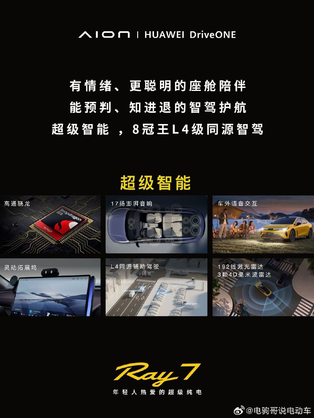 埃安RAY7 售价12.88万到15.88万元，配备了高通8995P芯片，文远知行L4级同源的驾驶辅助，702公里的CLTC续航，以及一大堆舒适配置 ，还能漂移，堪称既有颜值又有实力又有性价比。这个价位的竞争太激烈了。#埃安超级纯电ray7正式亮相# ​