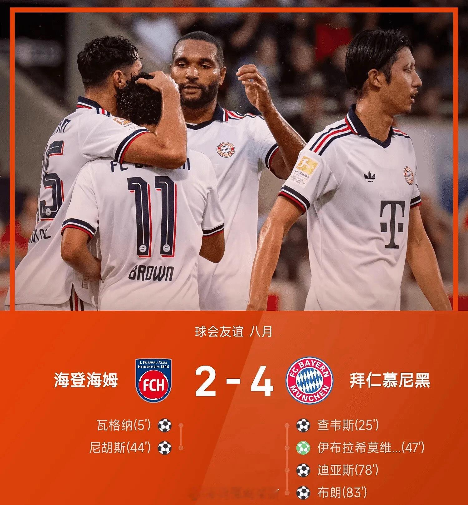 #武磊官博发文寻人#
08月19日讯 26赛季球会友谊八月，拜仁慕尼黑4-2战胜海登海姆。上半场瓦格纳开场5分钟闪击，查韦斯任意球破门，尼胡斯世界波建功；易边再战，小伊布点射扳平；凯恩、奥利塞、迪亚斯、穆西亚拉等多名主力第60分钟替补出场；第66分钟穆西亚拉无对抗伤退；迪亚斯、布朗5分钟连续两球完 ​