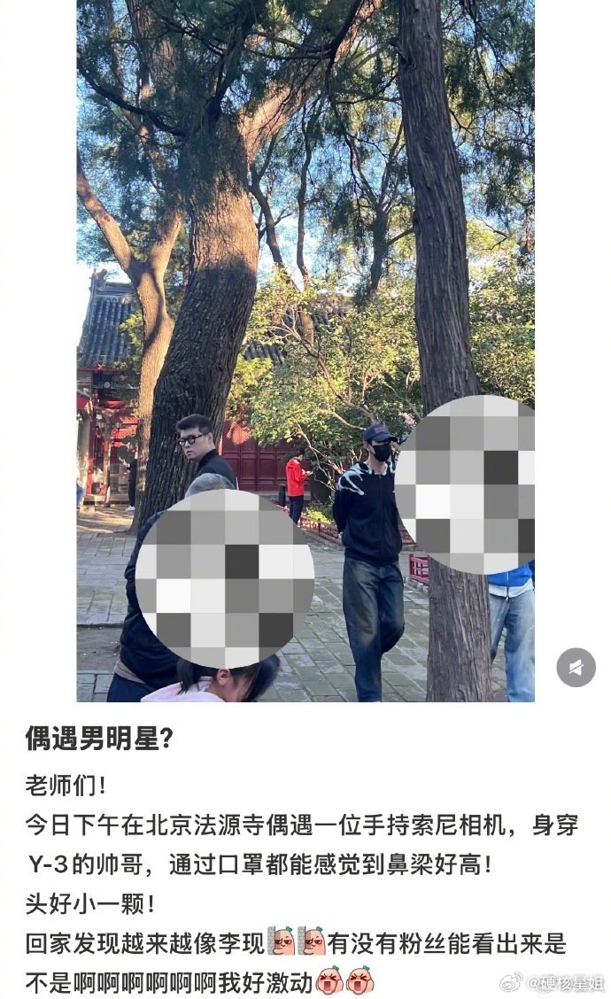 #李现生日前一天去法源寺祈福##网友偶遇李现在法源寺祈福# ​​​刷到偶遇帖才知道，李现生日前一天去了法源寺祈福，没带助理没造势，就安安静静逛寺庙，路人认出也很随和。 ​