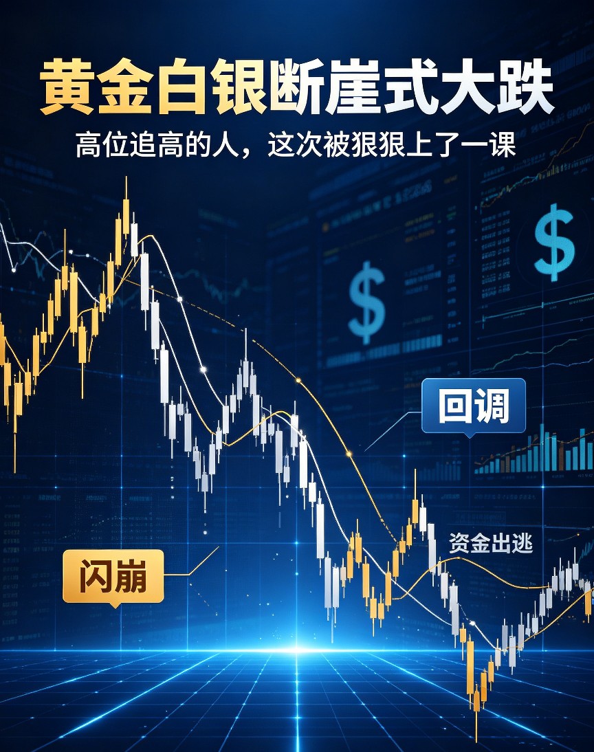 持续大半年疯狂上涨、屡破历史新高的黄金、白银，近期突然迎来断崖式集体大跌。高位多头全线溃败，盘面快速跳水、连续回落，不少近期跟风追高的散户一夜收益清零，重仓白银投资者亏损尤为惨烈。本轮金银闪崩行情，直接打破了市场“只涨不跌”的幻想，也