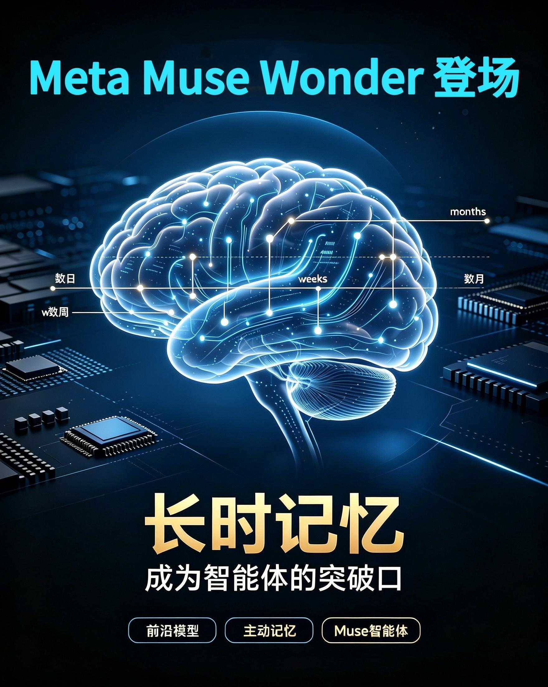 Meta发布前沿旗舰Muse Wonder，长时记忆成为智能体突破口

Meta推出首款前沿旗舰模型Muse Wonder，正式重返顶级大模型擂台。
对标GPT-6 Astra，定价看齐一线闭源模型；最大特色是强化主动长时记忆，目标让AI跨数月记住用户信息，MemoryBench自测成绩超过竞品。
 
Muse Wonder完整版不开放API，仅限订阅 ​
