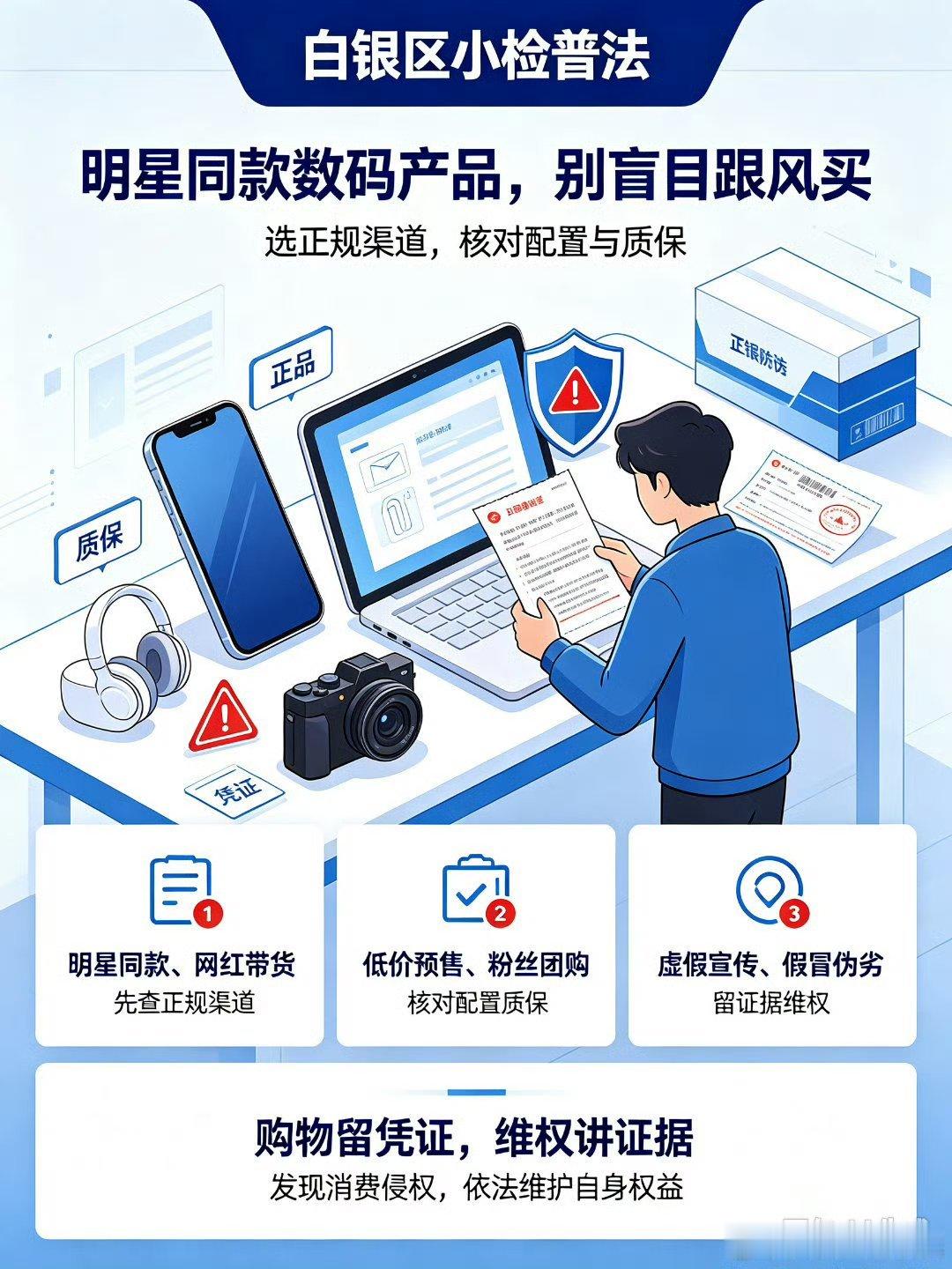 #菏小法提醒您#  ：明星同款数码产品热销，选购时要通过正规渠道购买，警惕仿冒假货。不要轻信非官方渠道的低价预售，仔细核对产品配置、售后质保条款。对于网红带货、粉丝团购，务必留存聊天、下单凭证。
#白银区小检# 遇到虚假宣传、买到假冒伪劣商品，及时保留证据，依法维护自身消费权益。 ​
