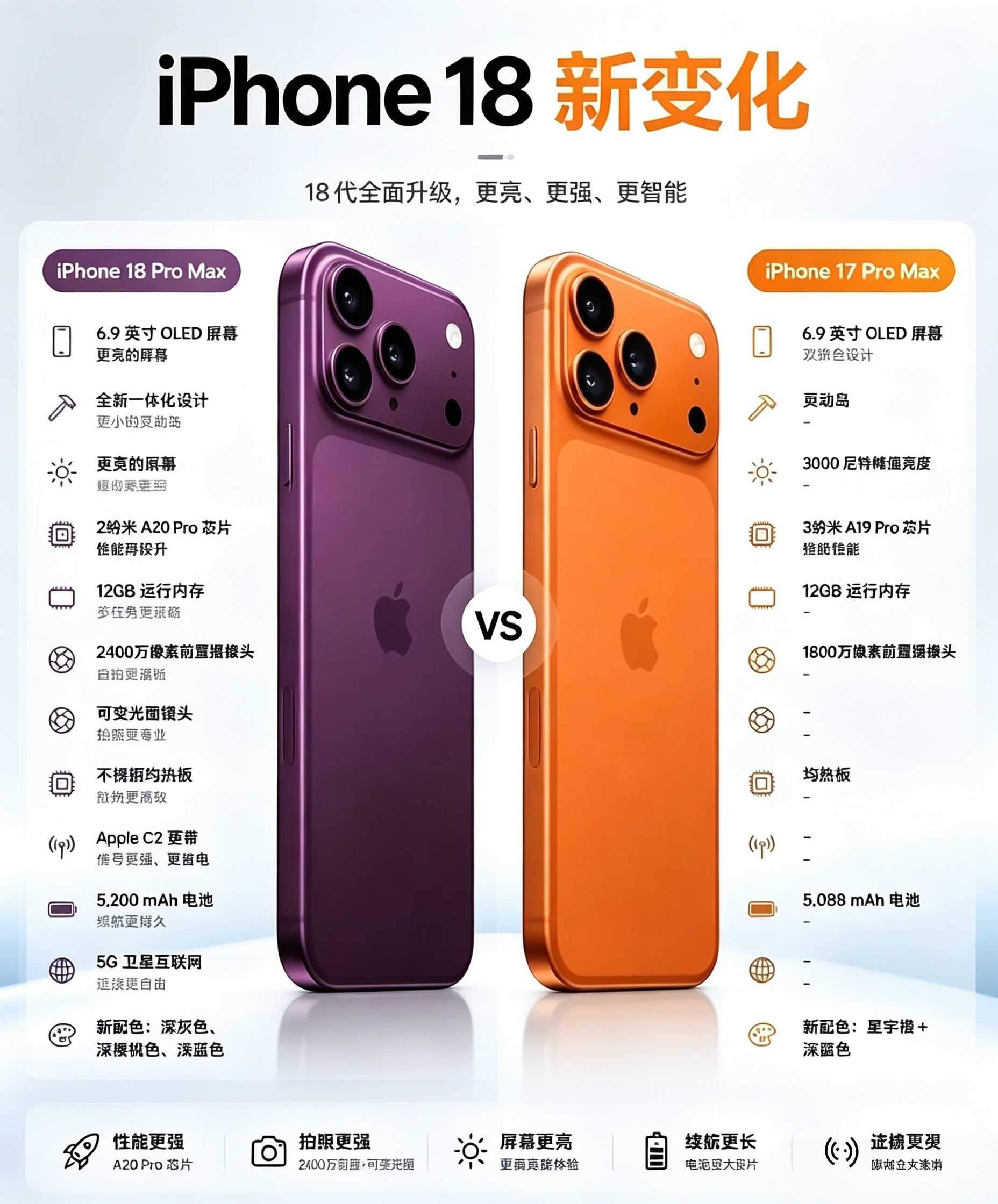 iPhone18和17Pro Max对比，你更喜欢哪个？

     苹果新机iPhone18 Pro Max对比17 Pro Max，升级看点一次看懂！

   外观换成一体化设计，灵动岛缩小，还有多款新配色。芯片升级2纳米A20 Pro，前置摄像头提升到2400万，电池容量也加大，散热、信号都优