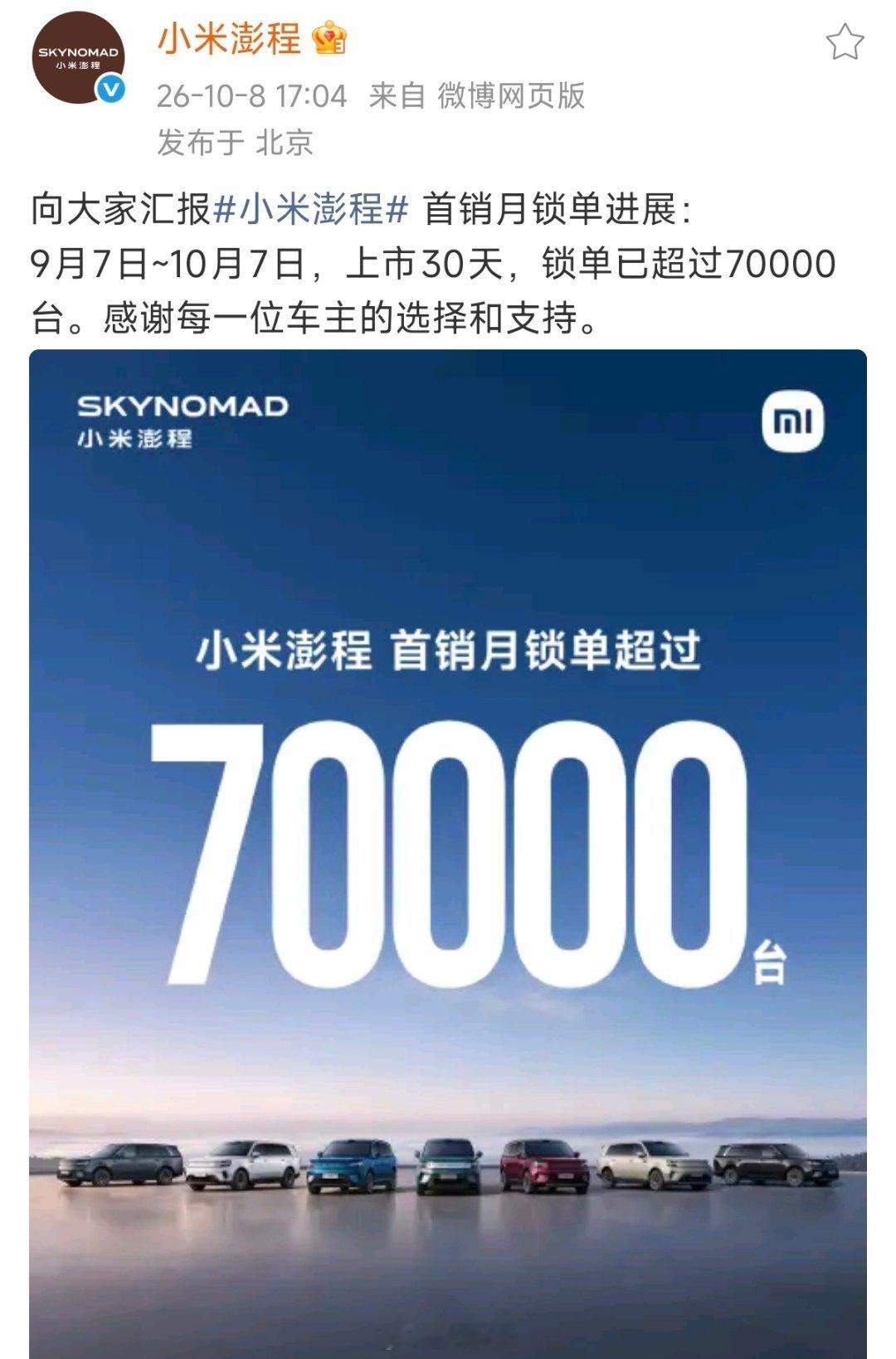 小米澎程首月锁单数据出来了，超7万台，这个成绩同时间超越了新一代小米su7的成绩，现在这个大环境，依旧是断层的存在。 ​