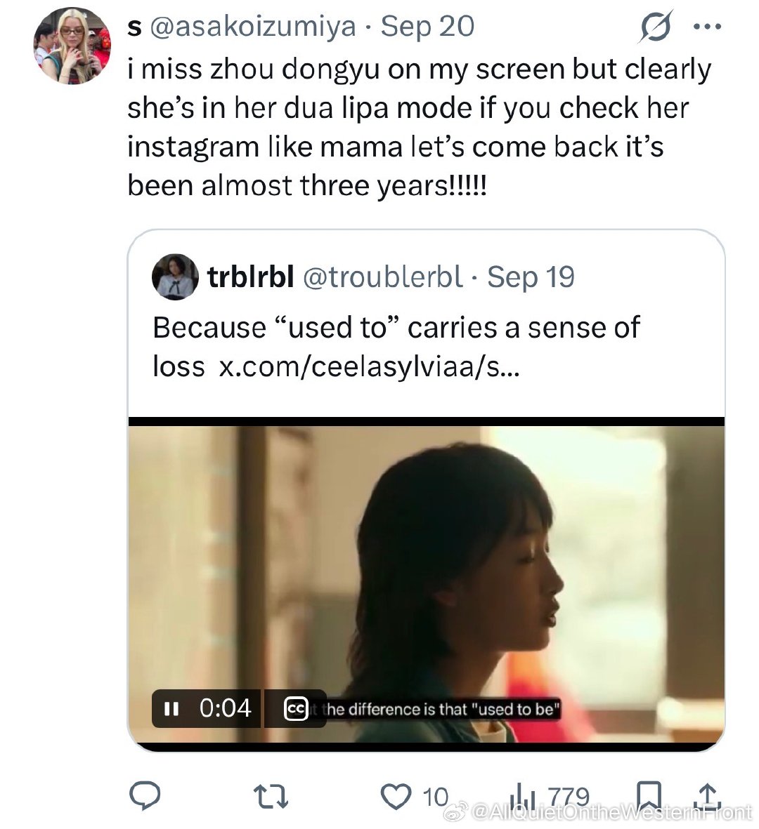 《少你》的陈念片段时不时就会在x上轻轻千转，转发区就会这样：

“我好想在银幕上看到周冬雨啊，但如果你去看她的 Instagram，就会发现她现在明显进入了 Dua Lipa 模式。妈妈，咱们回来吧，都快整整三年了！！！”

#外网孩子满天下# ​