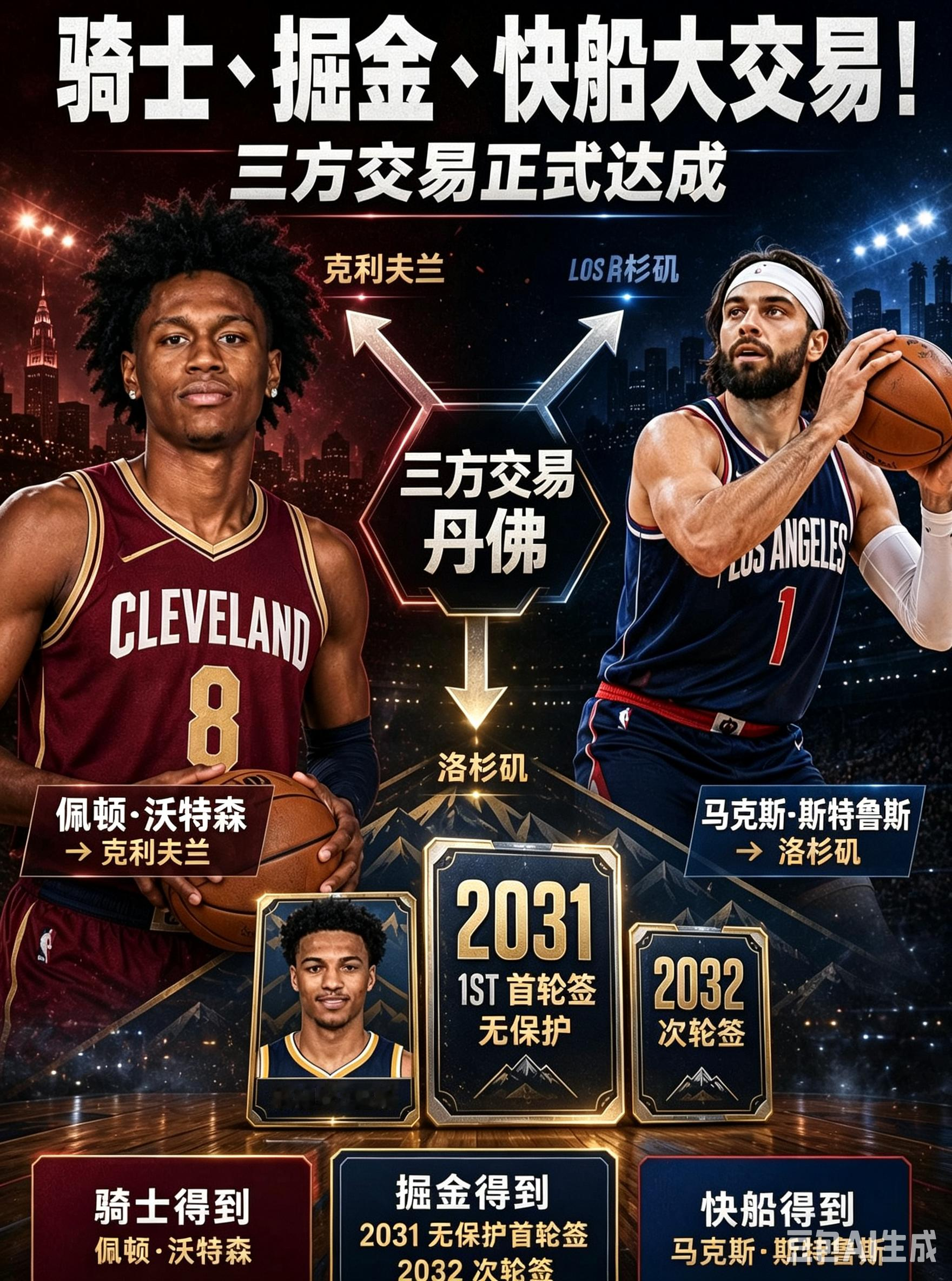 💣 骑士、掘金、快船三方大交易！
三方交易正式敲定：
骑士得到：佩顿·沃特森，
快船得到：马克斯·斯特鲁斯，
掘金得到：骑士2031年无保护首轮签，     国王2032年次轮签，朱利安·里斯
 
沃特森将和骑士签下全新合同：
💰 4年8800万美元
📌 包含球员选项+交易保证金
 
除此之外，骑士