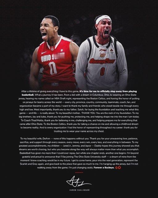 【#萨林杰退役#】北京时间9月4日，34岁前NBA球员贾里德・萨林杰结束职业球员生涯，正式宣布退役，他将加入俄亥俄州立男篮教练组，出任球员发展总监。

萨林杰在社媒上发布了退役声明，具体如下——

倾尽毕生心血奉献篮球事业之后，是时候我正式告别球员身份了。

回首这一路，感慨万千。从俄亥俄州哥 ​