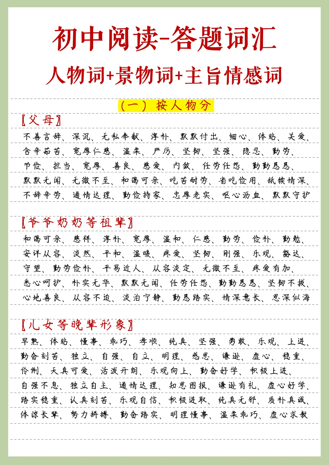 初中阅读答题高频词，人物+景物+主旨情感