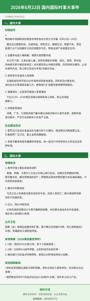 2026年6月22日国内国际时事大事件