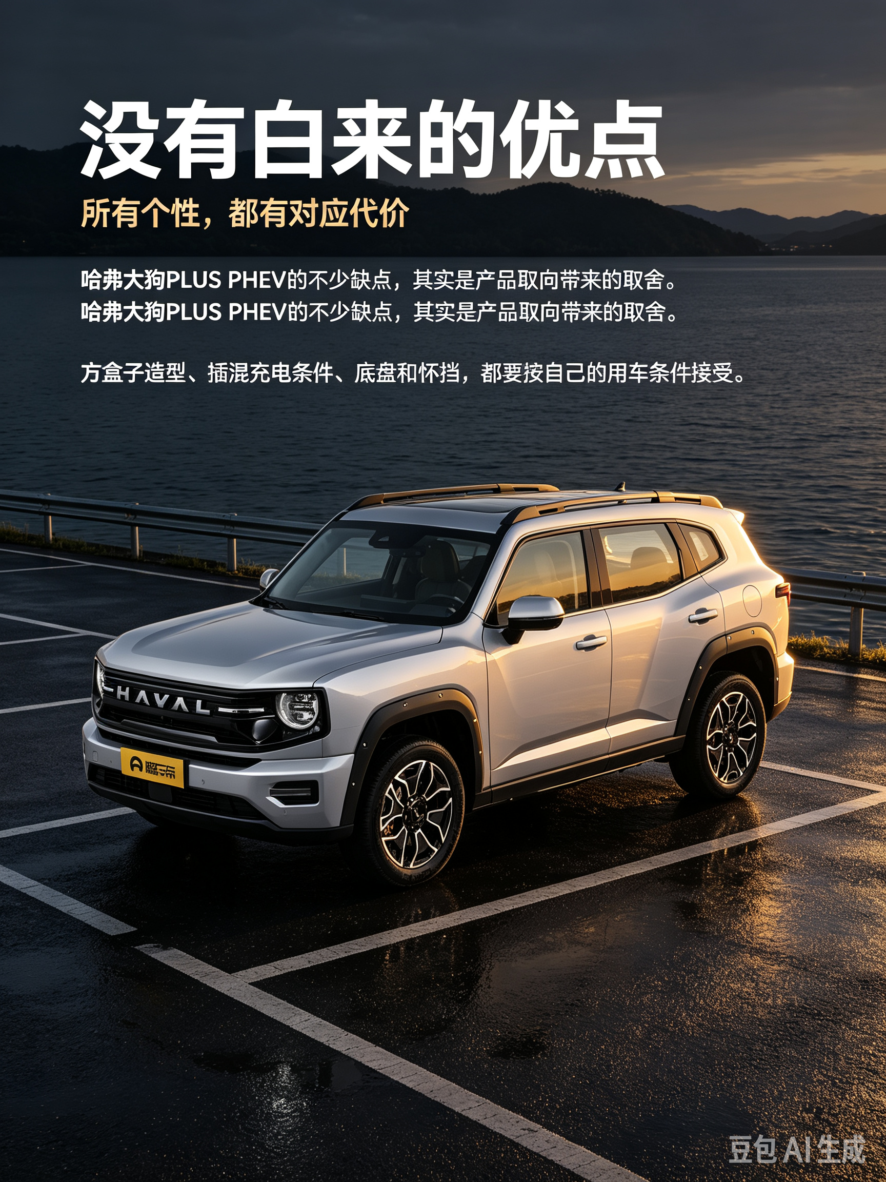 哈弗大狗PLUS PHEV硬朗的外观很抓人，兼顾日常代步和短途越野。但选择它也得接受一些妥协，方盒子造型跑高速风噪会更明显，底盘偏硬，过减速带颠簸感突出。还有插混车型离不开充电条件，买车前最好想清楚自己能不能适应这些小缺点。【来自懂车帝车友圈】