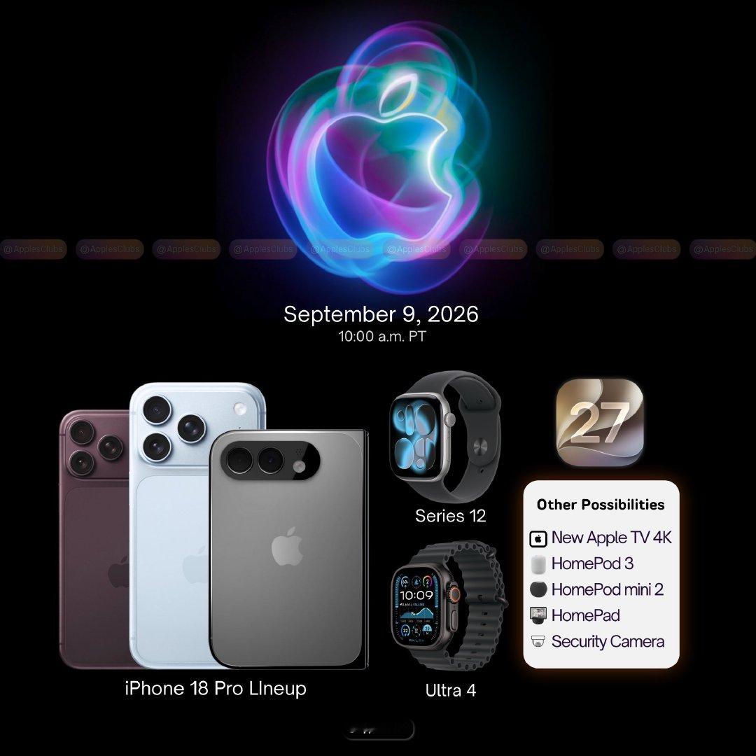 9月9日上午10点，预计发布的产品有：
iPhone 18 Pro 系列
Apple Watch Series 12 
Apple Watch Ultra 4 
iOS 27 

可能有全新的 Apple TV 4K、HomePod 3、HomePod mini 2、HomePad

说说吧，有你期待的吗？

#iPhone18发布会或定档9月9日# ​