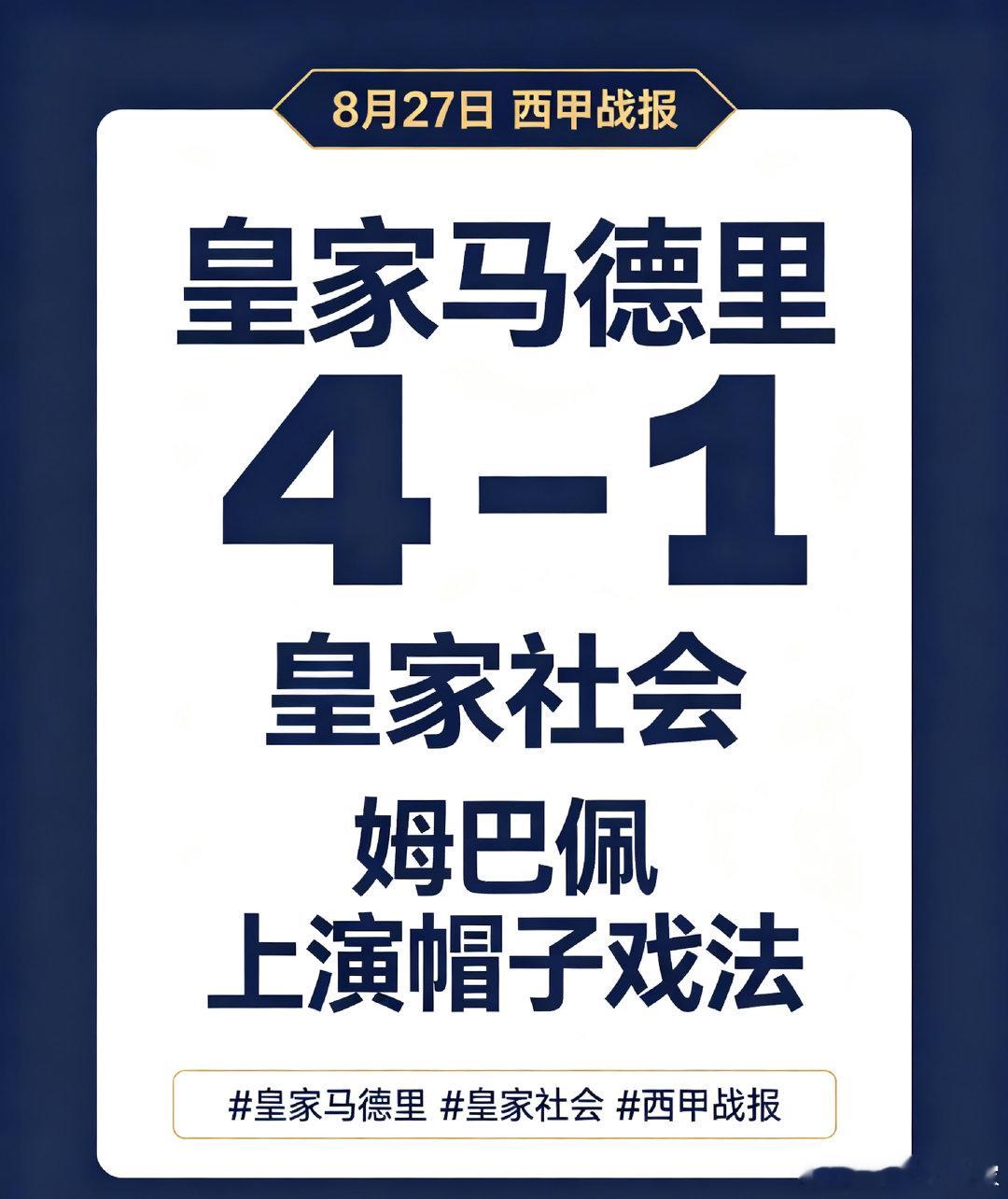 8月27日西甲战报，皇家马德里主场4‑1大胜皇家社会，姆巴佩上演帽子戏法。
#皇家马德里 #皇家社会 #西甲战报 ​