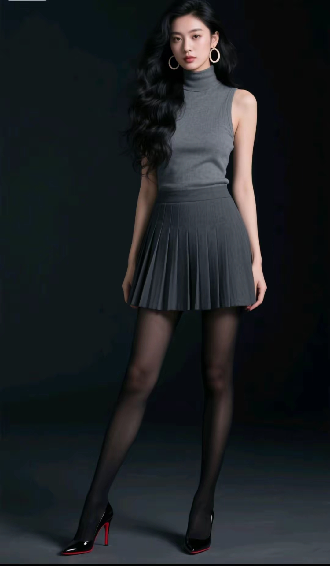 优雅气质穿搭指南：灰色高领连衣裙+黑色丝袜+红色高跟鞋