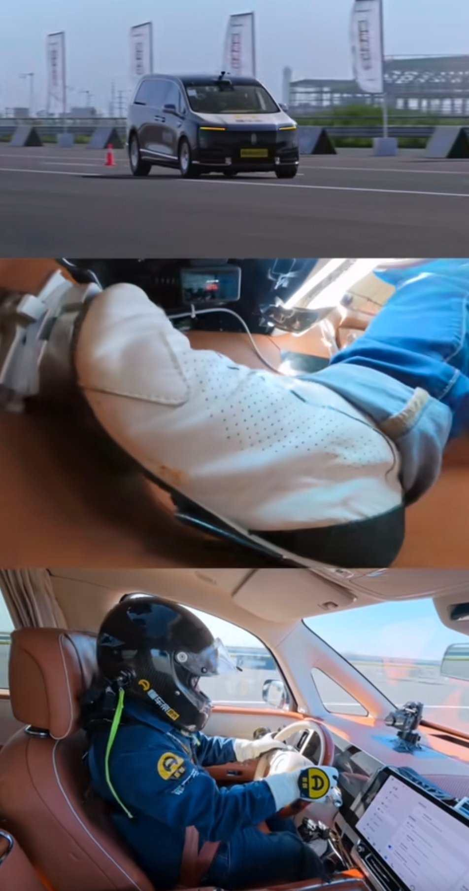 尊界V800在100km/h至0的紧急制动测试过程中，三台测试车辆先后出现刹车踏板支架断裂故障，断裂位置集中在踏板转轴承载区域；踏板断裂之后脚刹直接失效，制动距离大幅拉长。实测断裂瞬间踏板载荷约1612牛，未达到国标2000牛的承载要求，属于可复现的结构性失效，并非个别车辆偶然品控问题。 ​