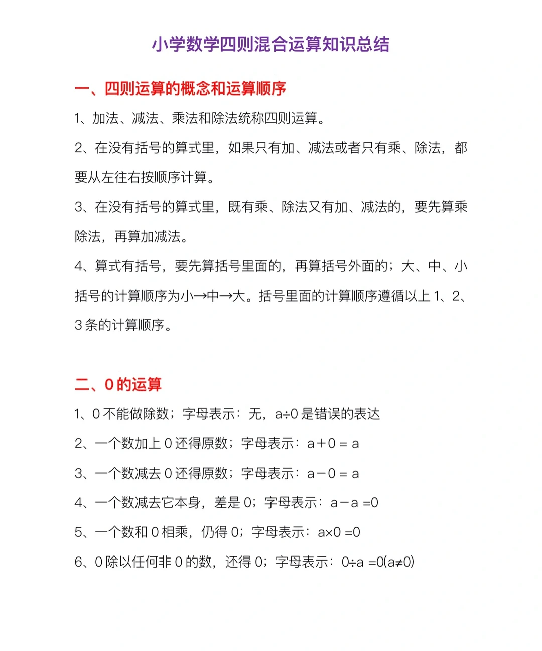 小学数学，四则混合运算知识点总结