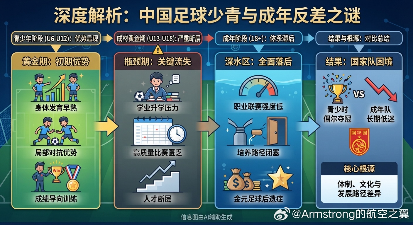 #中国足球小将西班牙捧杯# 为什么中国少儿乃至青少年足球水平都不错，可一到成年就拉胯了呢，这是个未解之谜。

青少年时期的偶尔夺冠，拼的是局部天赋、身体发育速度和教练的短期投入；而成年后的国家队水平，拼的是庞大的足球人口底座、科学的竞赛体系、优质的职业联赛土壤以及顺畅的人才上升通道。 ​