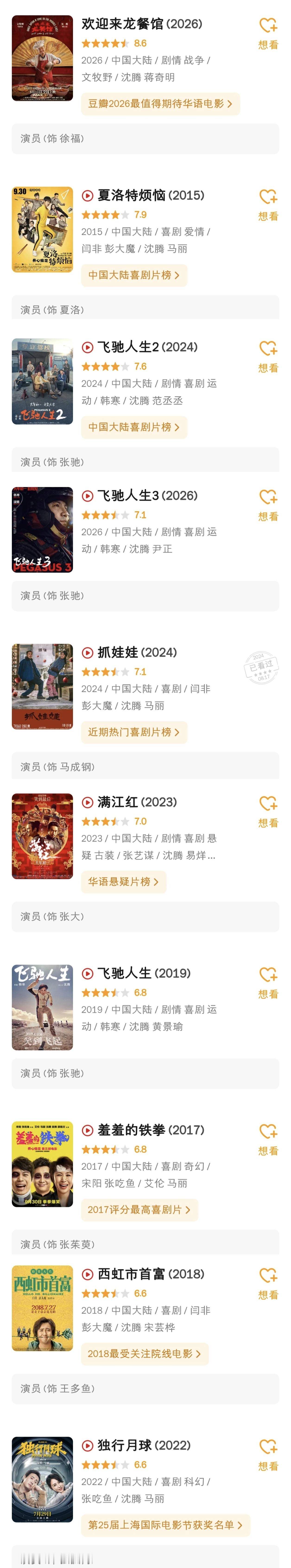 欢迎来龙餐馆对沈腾真的太重要了，沈腾唯一的豆瓣8分电影，在此之前沈腾一番只有5部上7分，另外还有4部6.5-7分的。喜剧不好演是真的，但既想要高票房又想要奖的话，他需要更多类龙餐馆的严肃且有厚度的作品，甘蔗没有两头甜。

沈腾一番电影豆瓣评分前十：
1. 欢迎来龙餐馆：8.6
2. 夏洛特烦恼：7.9
3. ​