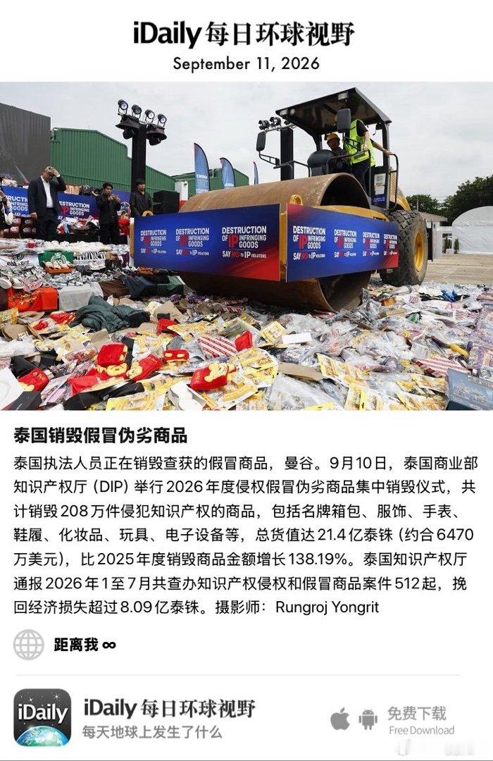 September 11, 2026 - 泰国执法人员正在销毁查获的假冒商品，曼谷。9月10日，泰国商业部知识产权厅（DIP）举行2026年度侵权假冒伪劣商品集中销毁仪式，共计销毁208万件侵犯知识产权的商品，包括名牌箱包、服饰、手表、鞋履、化妆品、玩具、电子设备等，总 ​