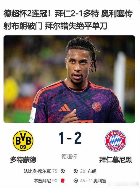 拜仁2-1多特德超杯两连冠！布朗破门奥利塞传射，诺伊尔9次夺冠历史第一。南部之星永不被撼动！
#拜仁德超杯##两连冠##诺伊尔9冠# ​