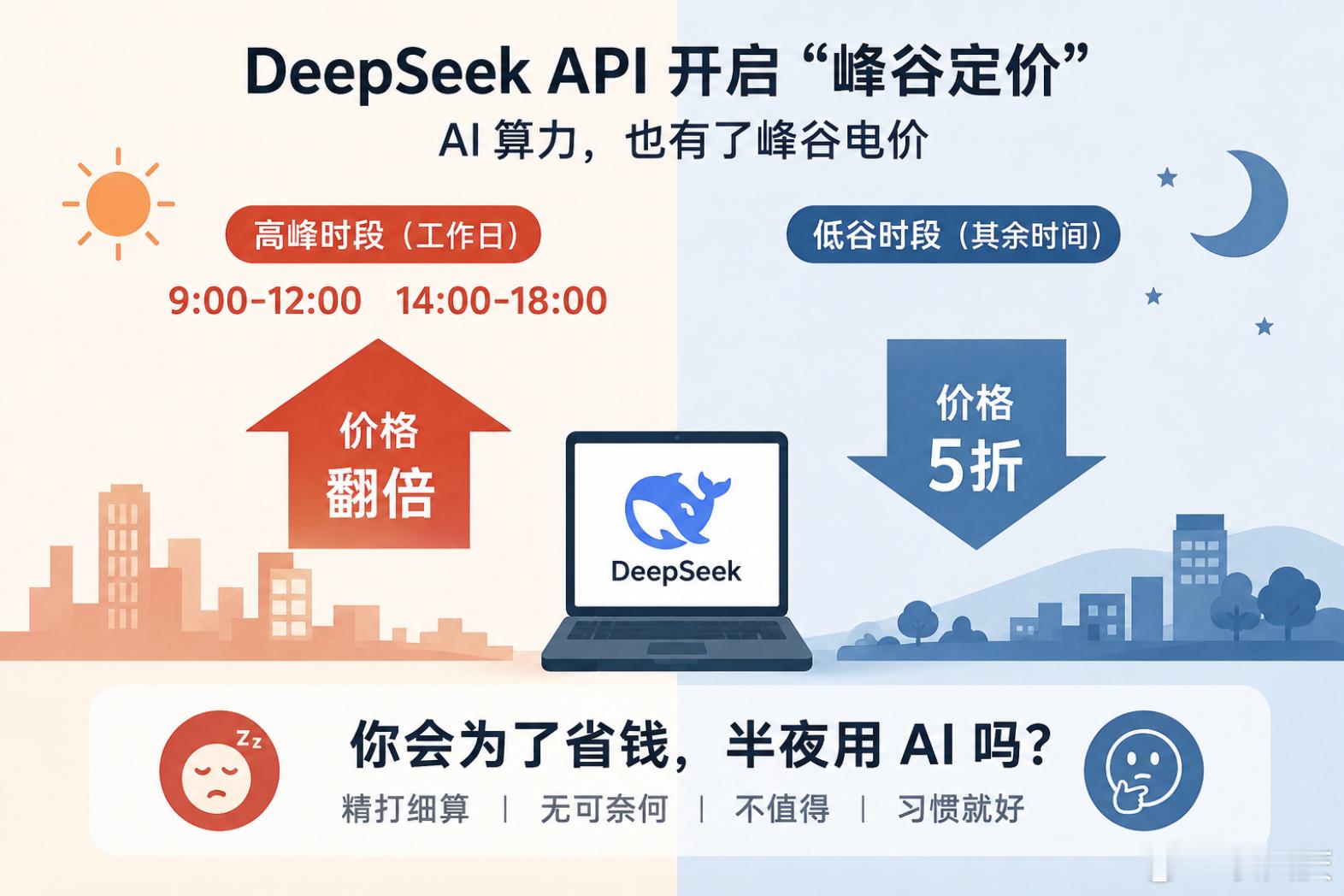 AI也开始“错峰用电”了！

从8月17日起，DeepSeek API开启峰谷定价：工作日9-12点、14-18点是高峰期，价格直接翻倍；其他时间打五折。

这其实挺有意思——以前我们习惯了电费分峰谷，现在连Token也开始按“黄金时间”收费。

对企业来说，这是成本管理；但对普通用户来说，可能就变成了一个现实问题 ​