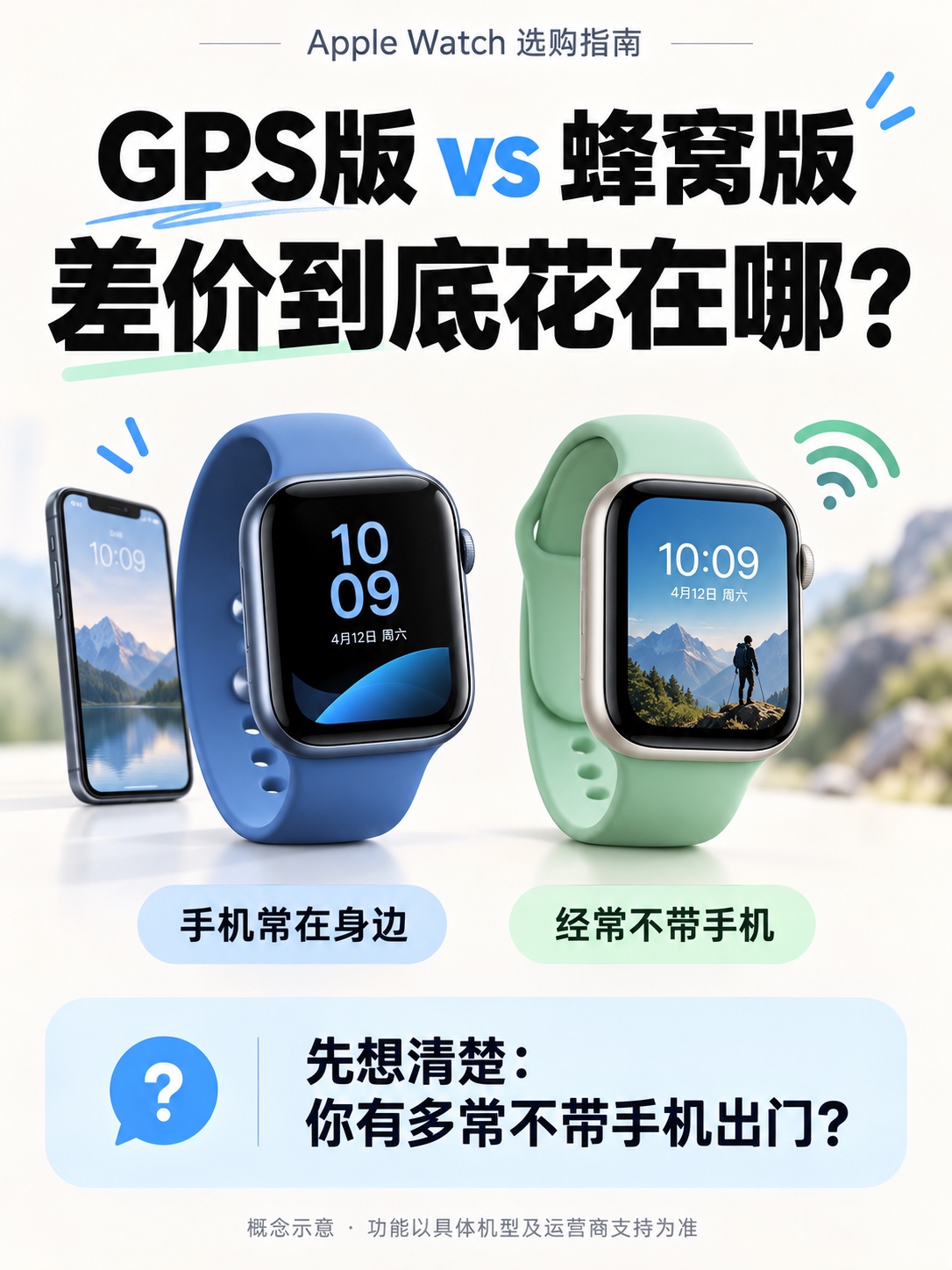 苹果手表GPS版和蜂窝版，怎么选？

买Apple Watch，纠结要不要加钱上蜂窝版？⌚️

先问自己一句：你有多常不带手机出门，还需要接电话、联网？

📱 GPS版：适合手机常在身边的人

日常通勤、看通知、记录运动，如果iPhone基本随身带，GPS版通常就够用。

而且，没有手机、没有网络，