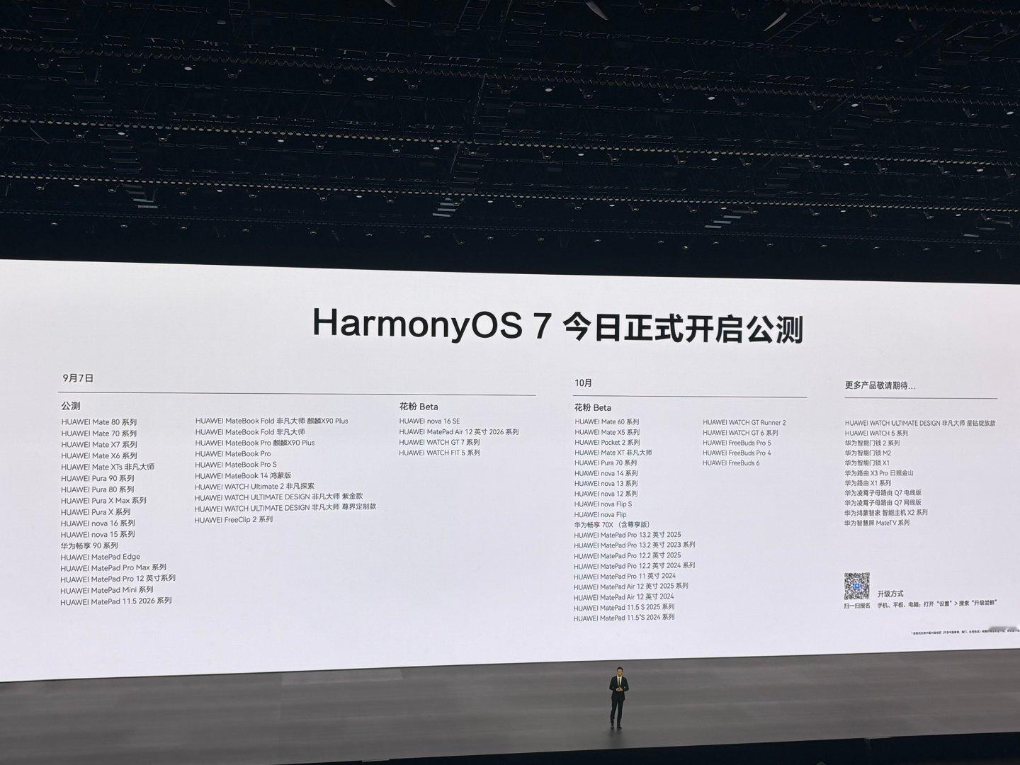【#HarmonyOS7公测#】#HarmonyOS7发布#华为举办HarmonyOS 7 | HUAWEI Mate XT 2 及全场景新品发布会，华为终端BG CEO何刚发表演讲。

何刚表示，HarmonyOS 7今日正式开启公测，9月Mate 80、Mate X7等系列将优先推送。 ​