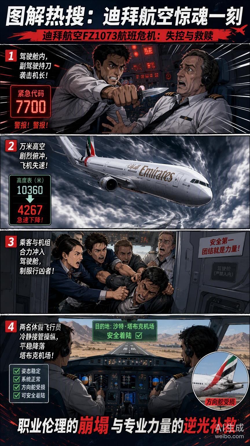 迪拜航空FZ1073航班的驾驶舱内，发生了一次极其暴力的“对焦失误”。

副驾驶持刀刺伤机长，试图夺取控制权，导致飞机在不到两分钟内从万米高空骤降5300米。这不仅是物理高度的崩塌，更是职业伦理底片的彻底过曝。在那段失速的黑暗里，代表紧急情况的7700代码和劫机警报的7500代码交替闪烁，像极了暗房 ​