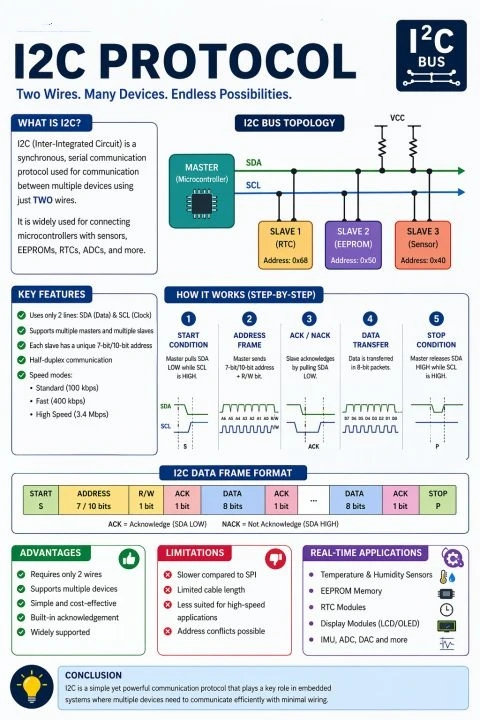 🔧 为什么 I2C 如此流行？
• 仅需 2 条线 → SDA（数据）& SC