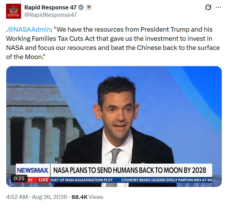 美国国家航空航天局局长：“#特朗普总统#及其《工薪家庭减税法案》为我们提供了所需资源，使我们能够加大对NASA的投入、集中资源，抢在中国之前重返月球。” ​