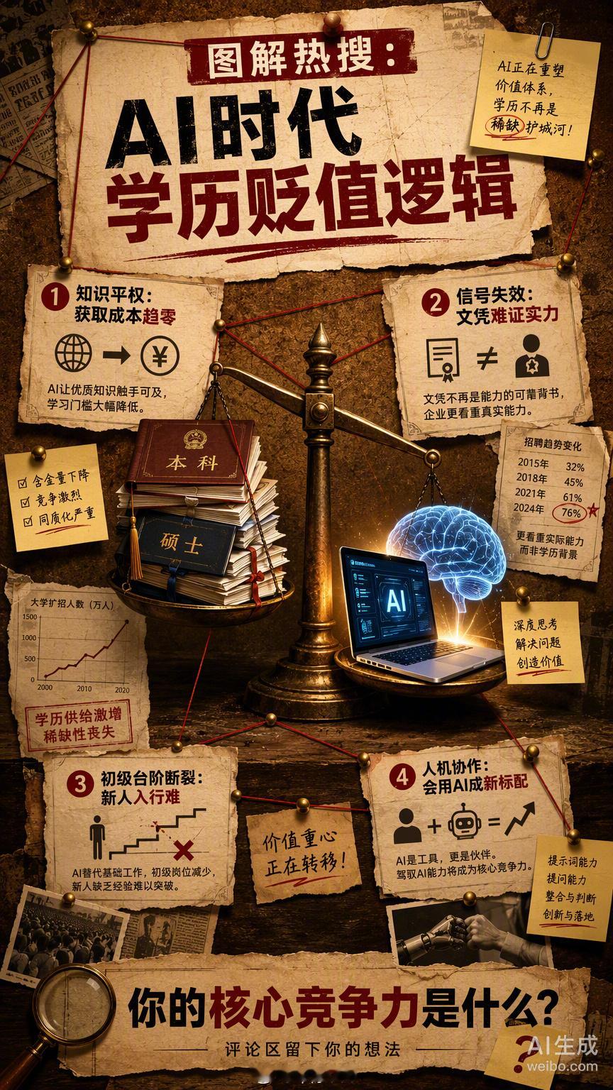 学历这“四驱系统”说崩就崩，AI一脚油门把初级岗全超了，连实习驾照都不给考。
别哭，备胎瘪了咱换战术，给AI当领航员，自己握紧方向盘，毕竟机器再猛，也闻不出副驾的薯片香！
别纠结那块“铭牌”贬不贬值了，赶紧升级驾驶系统：深度思考是差速锁，跨界整合是底盘升降，情绪价值是座椅加热。
记住，A ​