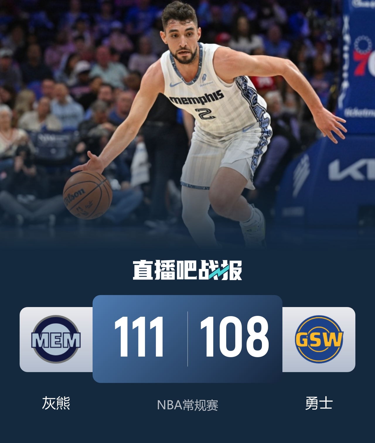 灰熊111-108翻盘勇士。末节勇士一度领先12分，随后进攻彻底断电，灰熊轰出一波17-0完成翻盘！
布泽尔发挥亮眼，拿下25分13篮板6助攻，是灰熊逆转的核心。库里砍下24分苦苦支撑。
关键时刻追梦领到致命掩护犯规，局势彻底倾斜，勇士最后三分钟一分未得，痛失好局。