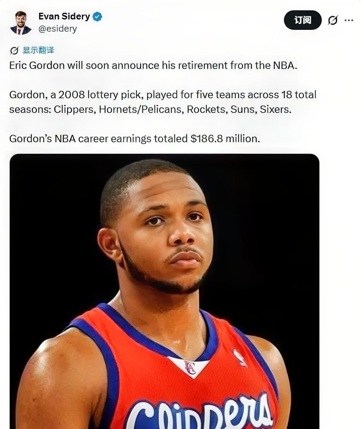 圆脸登再见！据记者Evan Sidery报道，火箭旧将埃里克·戈登即将宣布从NBA退役

18年职业生涯，1.868亿美元薪资，1座最佳第六人奖杯，那个总在关键时刻投进3分球的圆脸登，到了和球场说再见的时候。

埃里克·戈登出生于1988年，2008年参加NBA选秀，在首轮第7顺位被快船选中，从那年