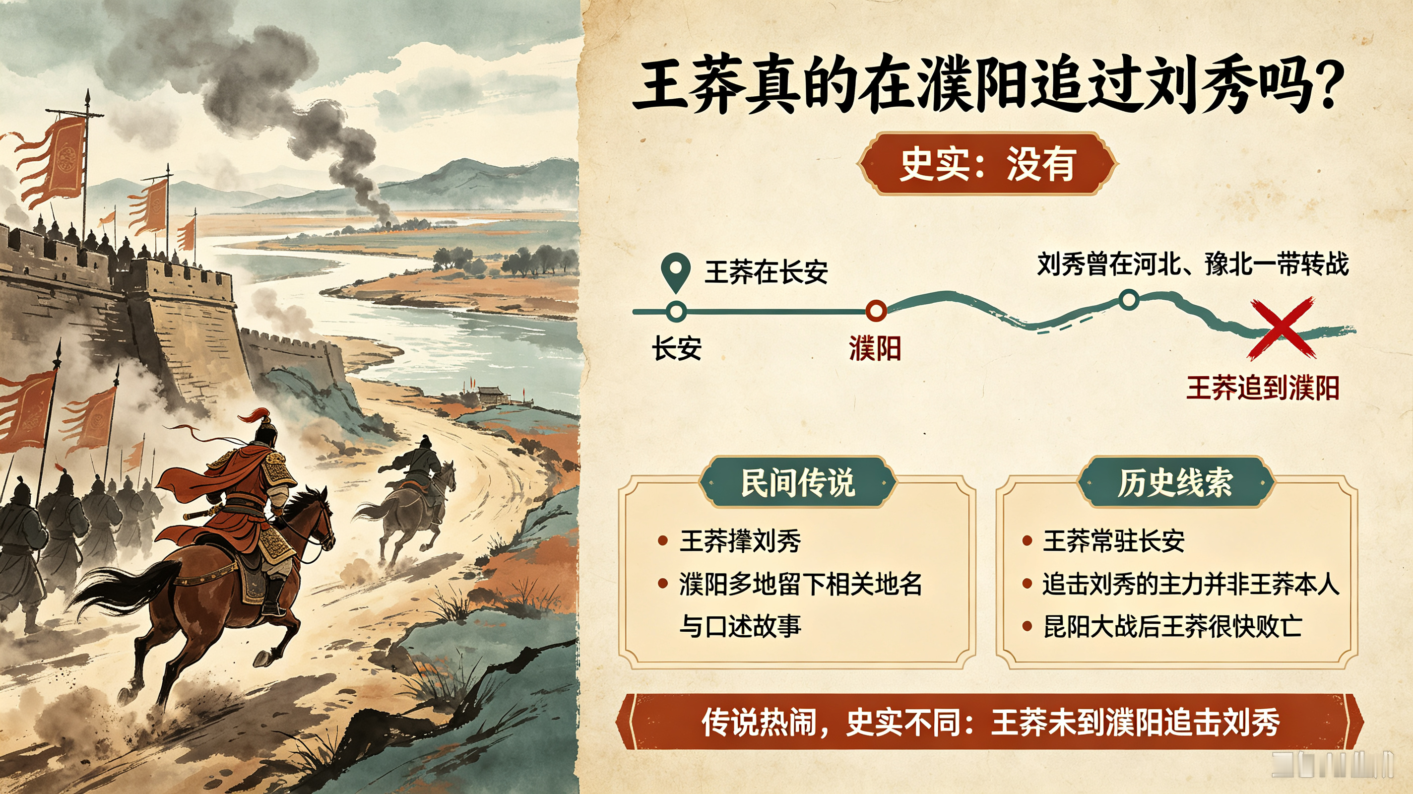 王莽真的在濮阳追过刘秀吗？
 
很多民间传说都说，王莽撵刘秀的故事发生在濮阳一带，当地不少地名，都跟这段传说挂钩。但翻开正史一看，这事得分开说：故事是真热闹，史实却对不上。
 
先说结论：历史上，王莽本人并没有亲自带兵追到濮阳来追杀刘秀。
 
王莽是西汉末年新朝的皇帝，常年待在长安。刘秀起兵的时候，