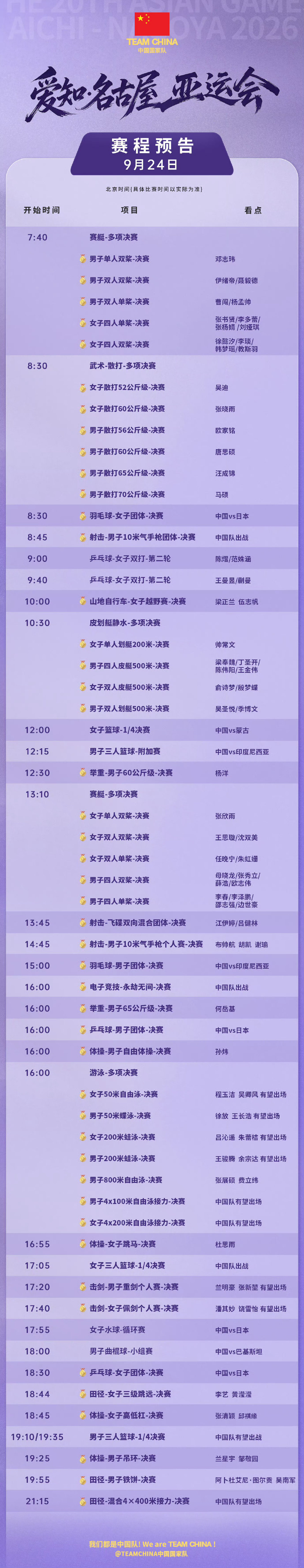 #亚运会# 明天的赛程，我女女一起双赛加油！​