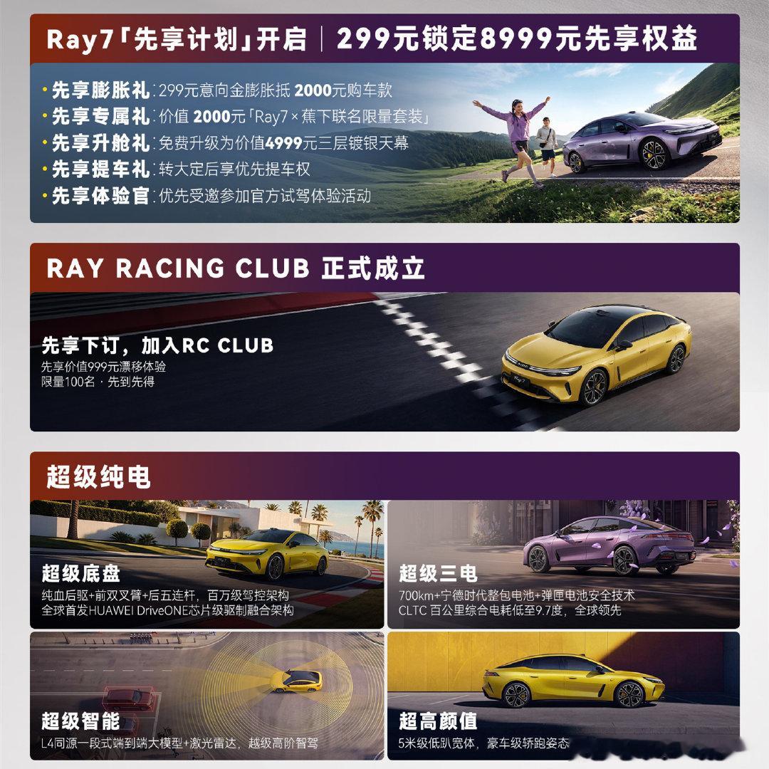 埃安Ray7启动了一个“先享计划”，包含了配置升级和优先提车等权益。

值得一提的是，埃安居然还为这台车成立了一个RC CLUB。前100名加入这个俱乐部的车主，可以免费体验漂移课程。

开埃安玩漂移，埃安这次转型你们觉得怎么样 ​