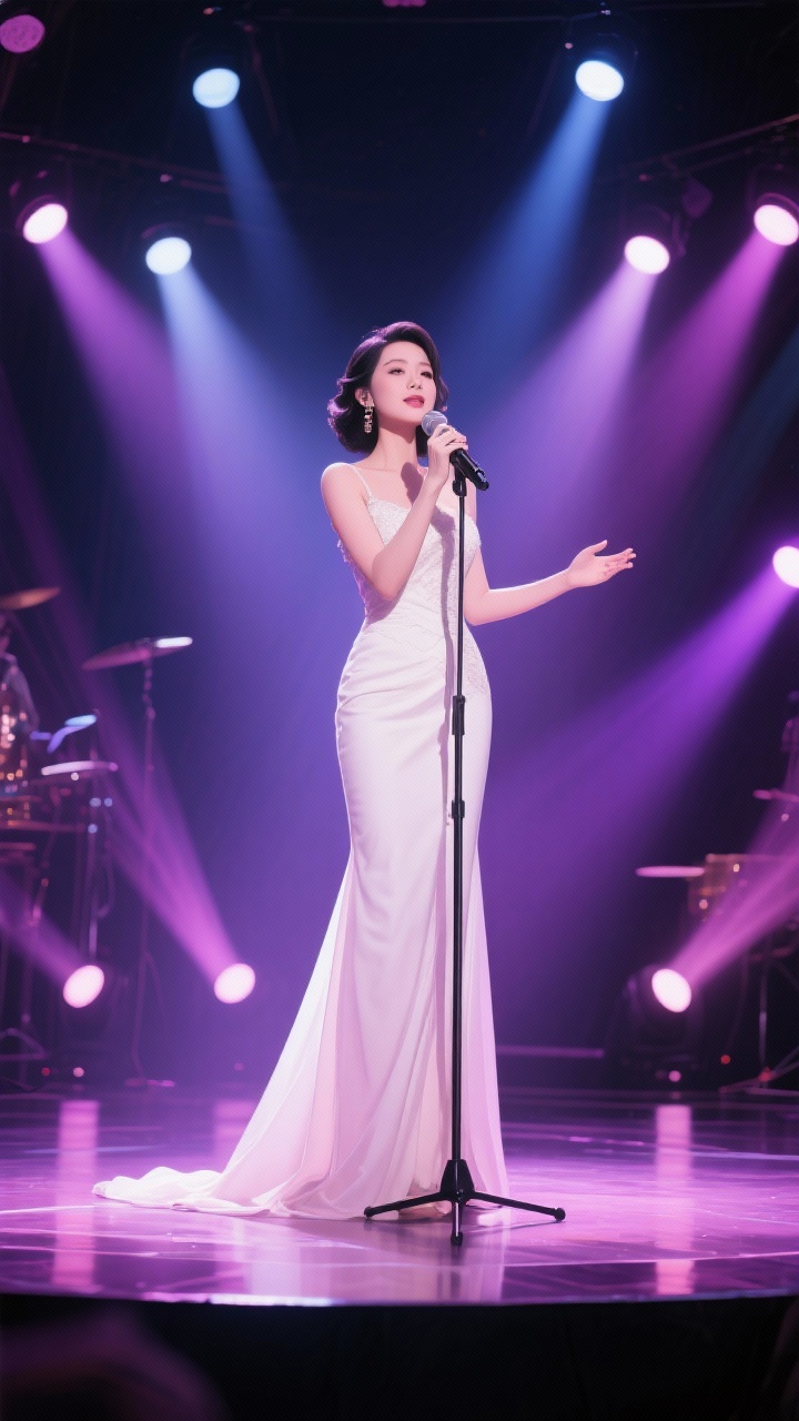 舞台上的优雅女神，一袭白裙，动人心弦的演唱