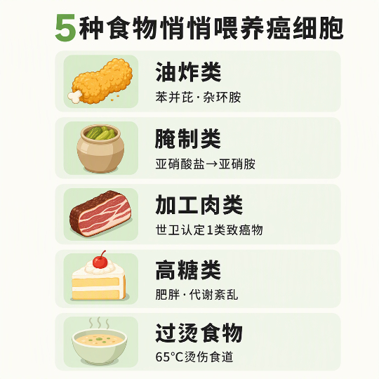 【#5 种食物悄悄喂养癌细胞#】#博主嘻嘻徐宝胃癌去世年仅26岁#

癌症是多因素作用的结果，但有些食物确实在给癌细胞 "送粮草"。
这 5 种，能少吃就少吃👇

1️⃣ 油炸类
高温煎炸让脂肪和蛋白质发生反应，产生苯并芘、杂环胺、丙烯酰胺等致癌物。

2️⃣ 腌制类
含大量亚硝酸盐，进入胃酸环境后变成 ​