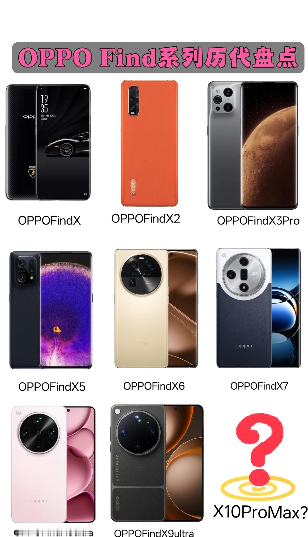 🔥OPPO Find系列将迎来新王？
回顾一下Find系列历代机型，你们最喜欢哪一代呢
大家对即将发布的X10有什么期待 可以一起讨论一下[偷笑]
OPPOFindX10 京津冀超清原相机 你的专属O顾问 ColorOS17超流畅更懂你
