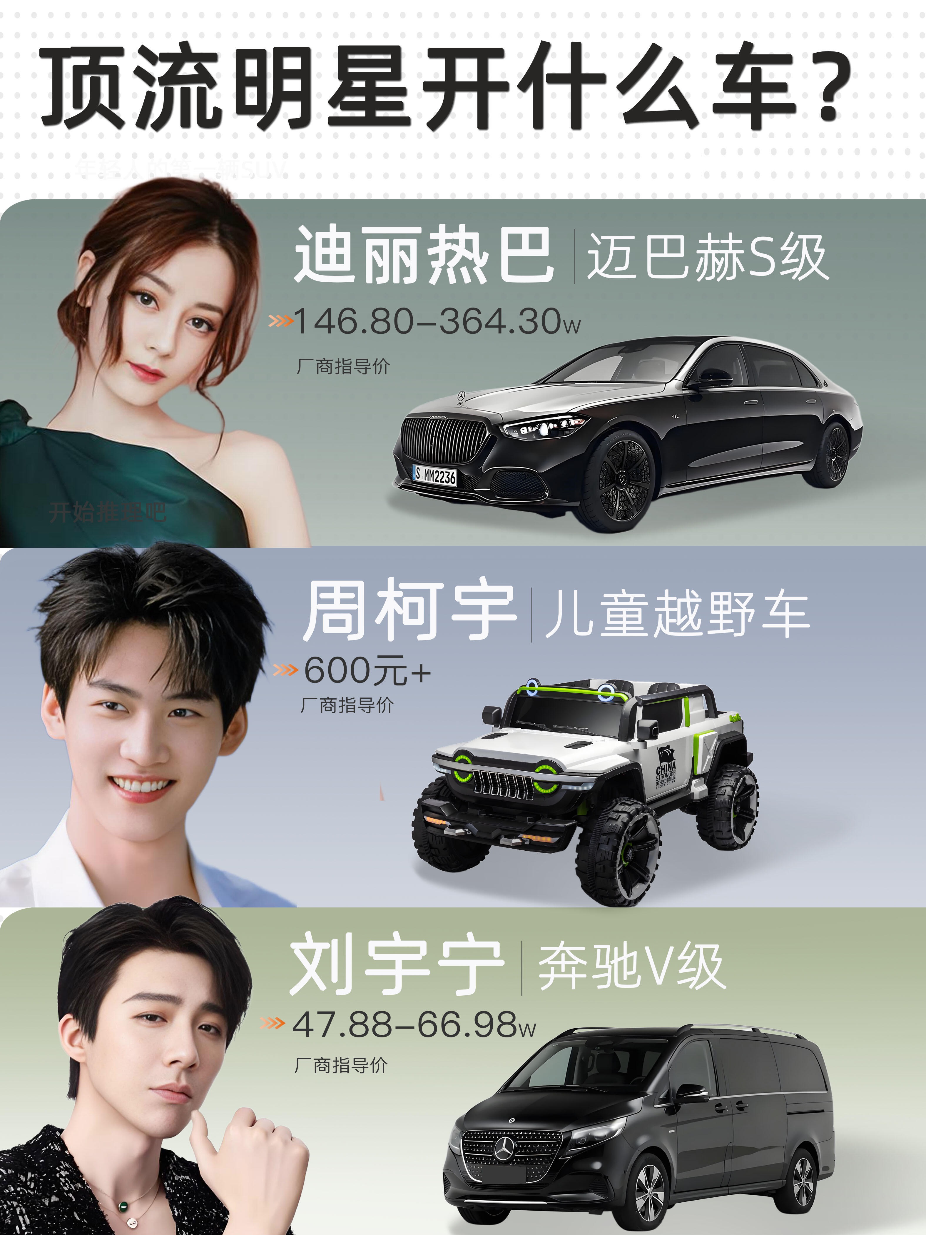 明星座驾画风大赏：豪车与折叠车同框，这反差绝了
明星平时出门代步到底开什么车，这组图算是把底牌亮出来了。别看红毯上光鲜亮丽，私底下的座驾反差真不小。有人坐着百万级的迈巴赫和奔驰大G，排面拉满；也有人骑着千元出头的折叠自行车，主打低碳环保。更有意思的是，开几百块儿童越野车的，还有选十万级国产车和MPV