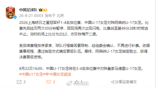 【#中国U17女足因抽签结果无缘决赛#】8月21日，发文：2026上海明日之星冠军杯1-4名排位赛，中国U-17女足对阵阿森纳U-17女足。比赛先后经历两次30分钟暂停，因现场再次出现闪电，比赛战至第49分28秒时被迫中止。当时的场上比分为2比2，方珍珠梅开二度。

受后续赛程排序紧凑、球队行程等因 ​