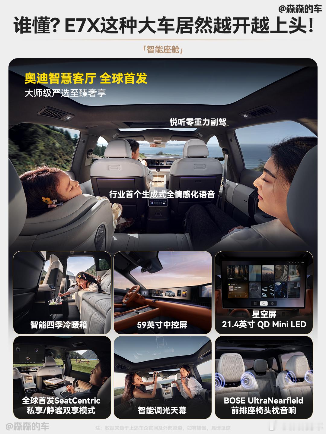 女生选车，其实真没那么复杂。

我承认，一开始注意到E7X，是因为它的颜值，奥迪这套原创、高级，不大众脸的设计，真的很戳我，不是那种恨不得把“运动”“科技”写脸上的类型，而是干干净净、很有质感。怎么说呢，就是穿卫衣开它OK，换条小裙子去约会，也很搭。

而且我还挺喜欢大五座的，后排不用坐 ​