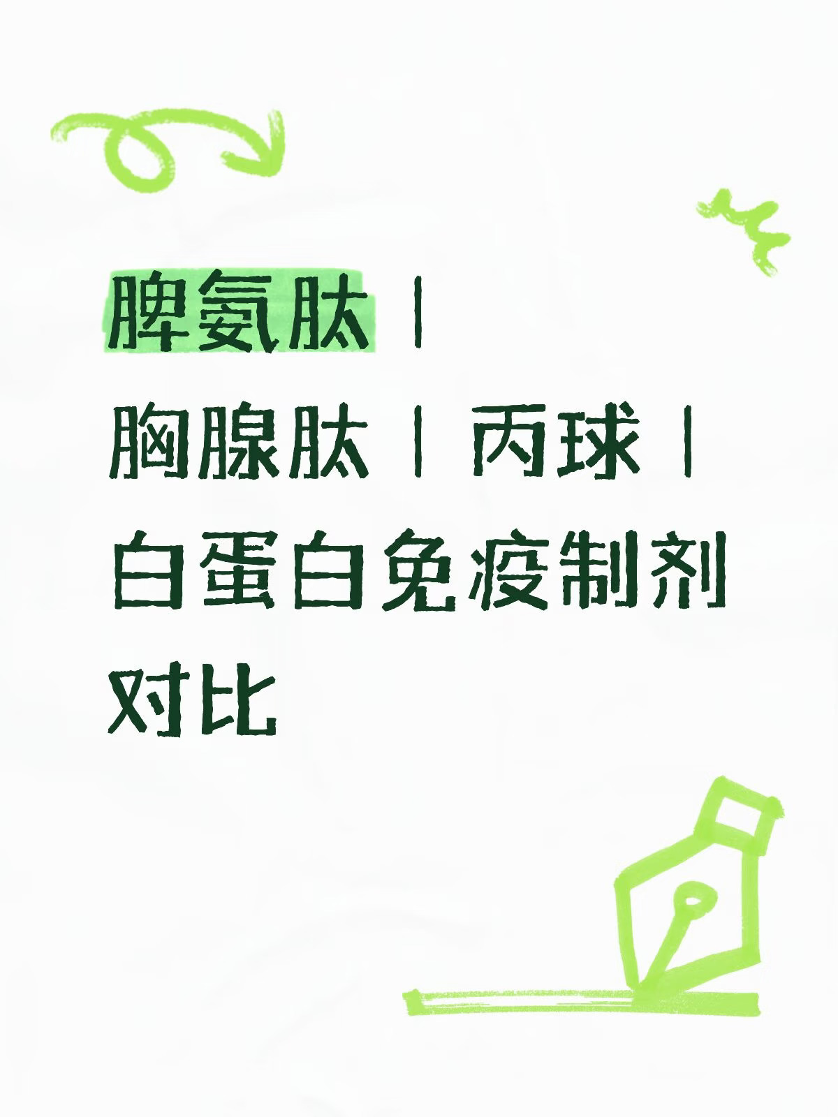 1.脾氨肽（口服）
	
- 作用：双向调节整体免疫，扶正维稳，免疫弱就提、乱就平复
​
- 特点：温和，起效慢（1‑3个月），安全性高，适配长新冠脾虚体虚调养
​
- 短板：需冷藏，见效慢，只做日常调理，救急没用
	
2.胸腺肽（口服/针剂）
	
- 作用：单向强化T细胞（细胞免疫），主打抗病毒
​
- 特点：提升抗病毒能力更强；少数伤肝，需复查肝功
​
- 短板：只一味拔高免疫，免疫紊乱人群慎用，容易失衡加重
	
3.丙种球蛋白（输液，血液制品）
	
- 作用：直接输入现成抗体，被动临时免疫，救急专用
​
- 特点：见效飞快，药效仅维持2‑4周，价格贵
​
- 短板：不能长期保养；血液制品有输注风险，适应症严格
	
4.人血白蛋白（输液，血液制品）
	
- 作用：维持血管渗透压、转运营养物质，完全不提升免疫力
​
- 特点：用来消水肿、腹水、休克抢救
​
- 短板：不是补药！指标正常食补蛋白即可，别盲目输注
	
一句话选型口诀
	
日常调理维稳→脾氨肽
反复病毒感染→胸腺肽（定期...