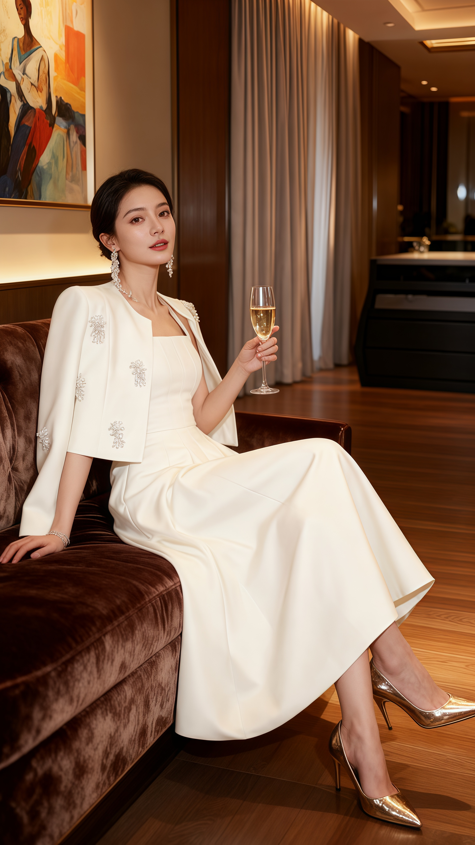 在一家高级会所里，模特穿着高贵白色礼服，优雅地坐在沙发上，手中端着一杯...