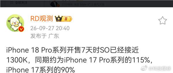 【#iPhone18Pro开售7天销量近130万台#，达上代同期115%】#iPhone18Pro被吐槽挤牙膏却卖爆#9月28日消息，尽管不少数码爱好者和行业KOL此前都吐槽，iPhone 18 Pro相比上一代产品的升级幅度实在有限，属于典型的苹果挤牙膏式迭代，但谁也没料到，这套外界看不上的挤牙膏更新策略，又一次在消费市场获得了 ​