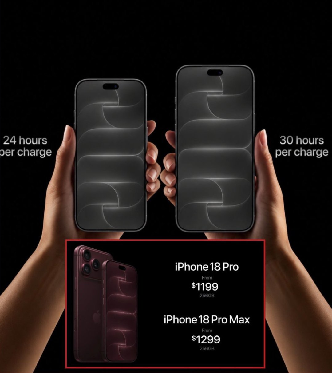 #iPhone18Pro价格#
iPhone 18 Pro：1199美元
iPhone 18 Pro Max：1299美元
iPhone 18 Pro：24小时续航
iPhone 18 Pro Max：30小时续航
提供酒红色、浅蓝色、黑色和银色4种配色
将于9月12日开启，9月18日上市 ​