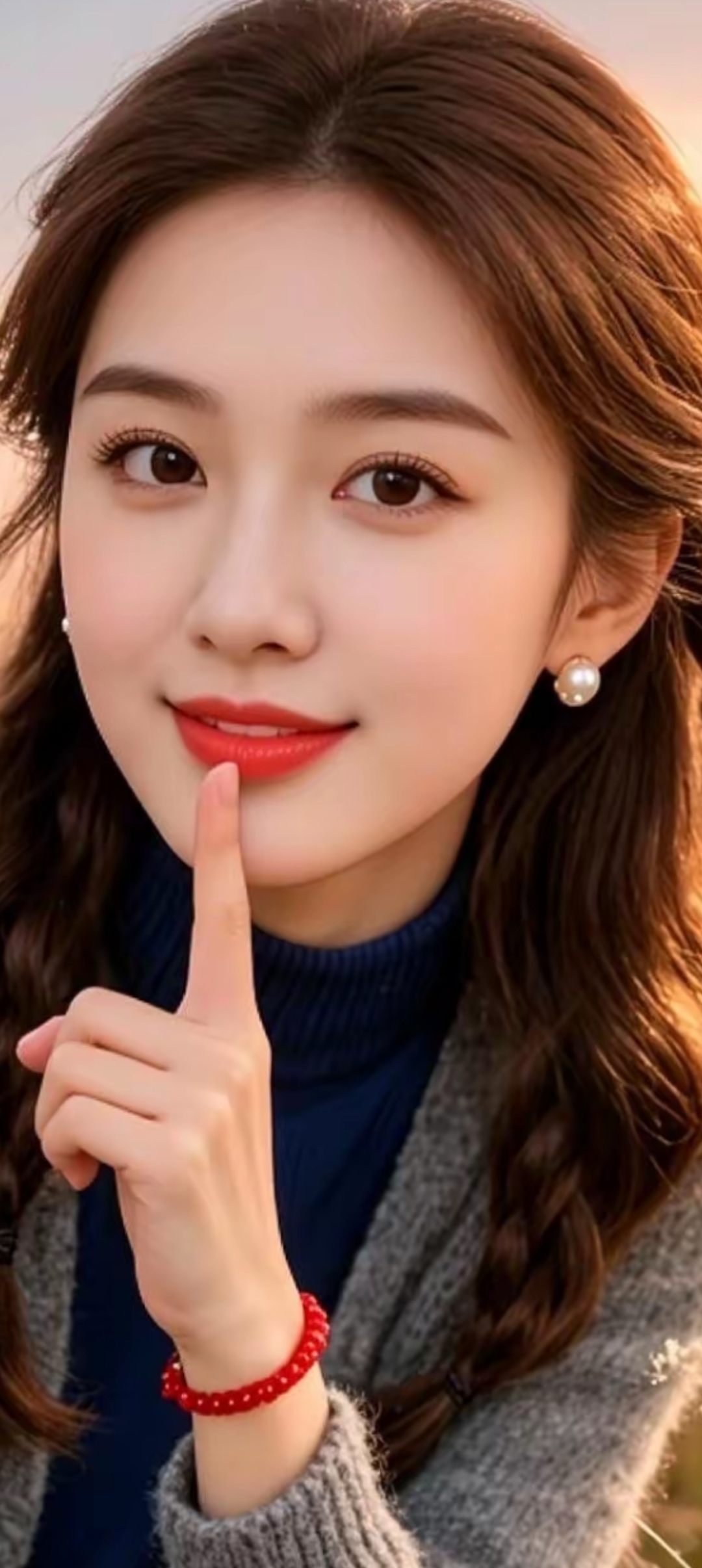 温柔甜美的少女，指尖轻触嘴唇，散发着迷人的魅力。