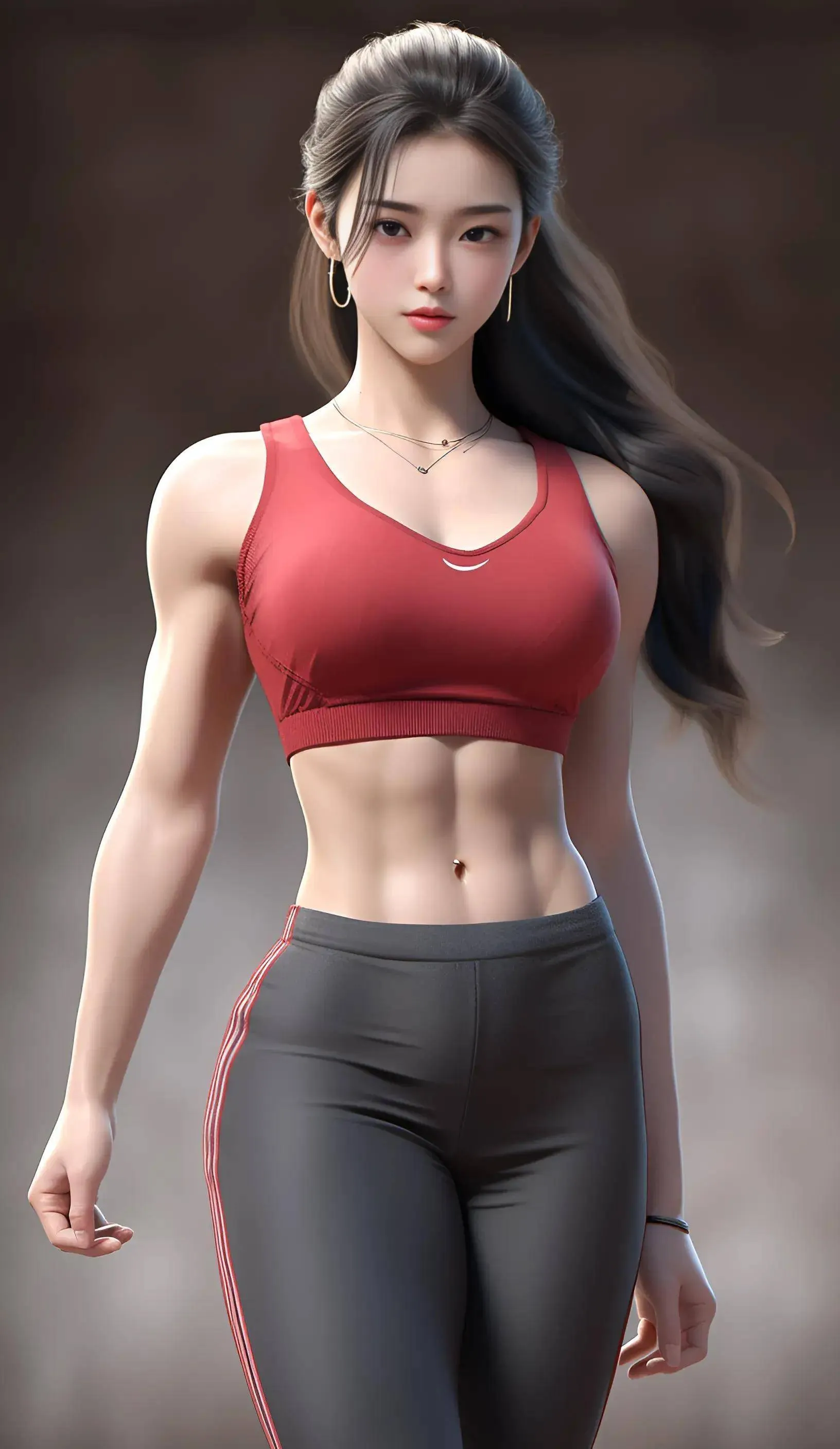 她，身着红黑运动装，宛如健身界的灵动女神。红色背心映衬着活力，紧实腹肌...